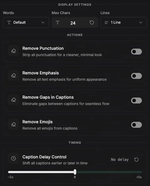 Caption Tools: words per caption, max characters, lines, remove punctuation, emphasis, gaps and emojis, and caption delay