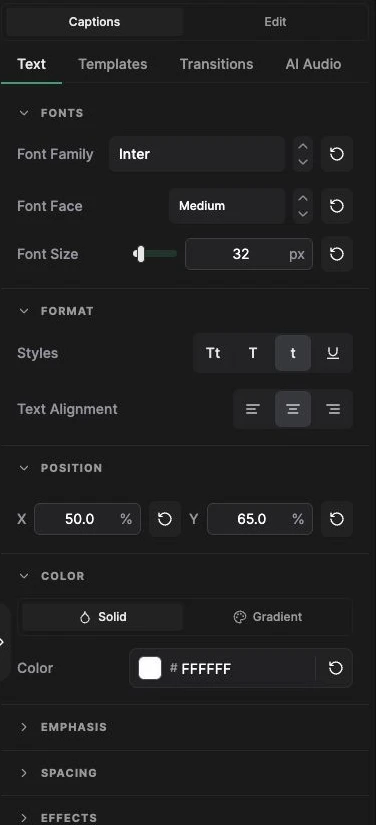 Text tab with font, format, position, colour, and emphasis controls