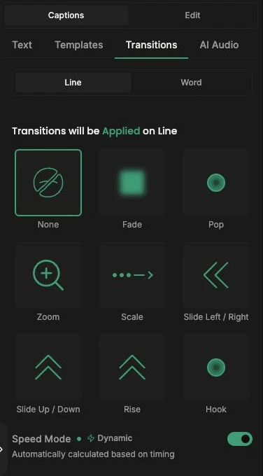 Transitions tab: None, Fade, Pop, Zoom, Scale, Slide, Rise, and Hook, with a dynamic speed mode