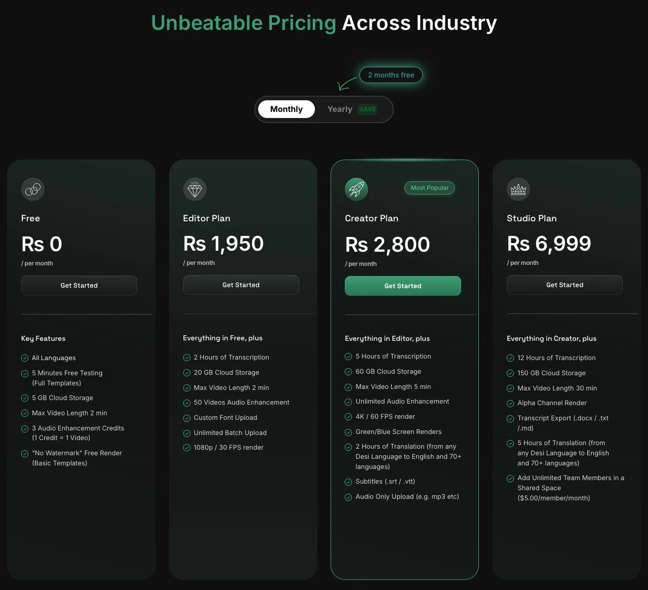 Kalakar web plans in Pakistani rupees: Editor, Creator, and Studio, with a monthly and yearly toggle