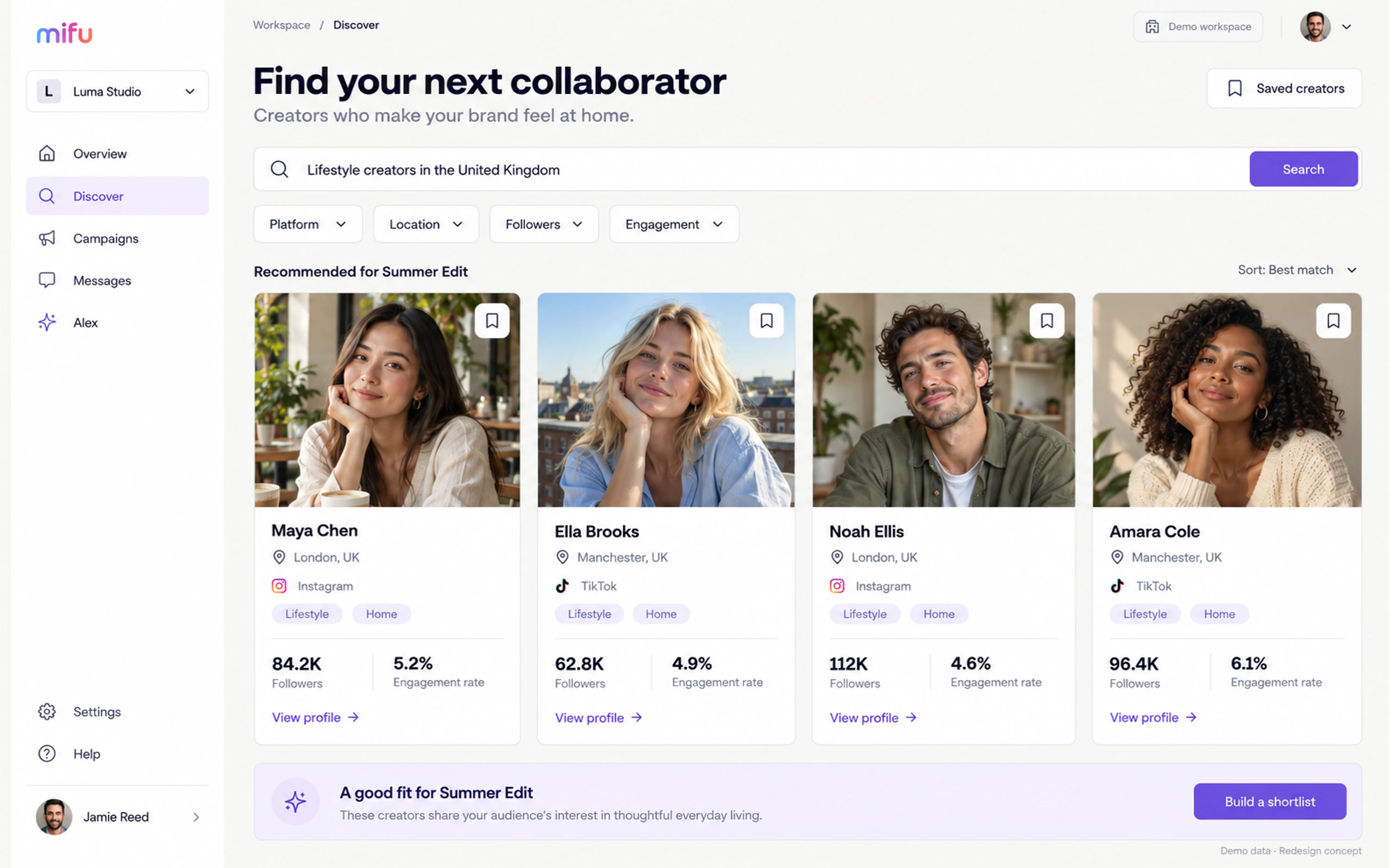 Creator discovery: a search for lifestyle creators in the United Kingdom with four recommended creators