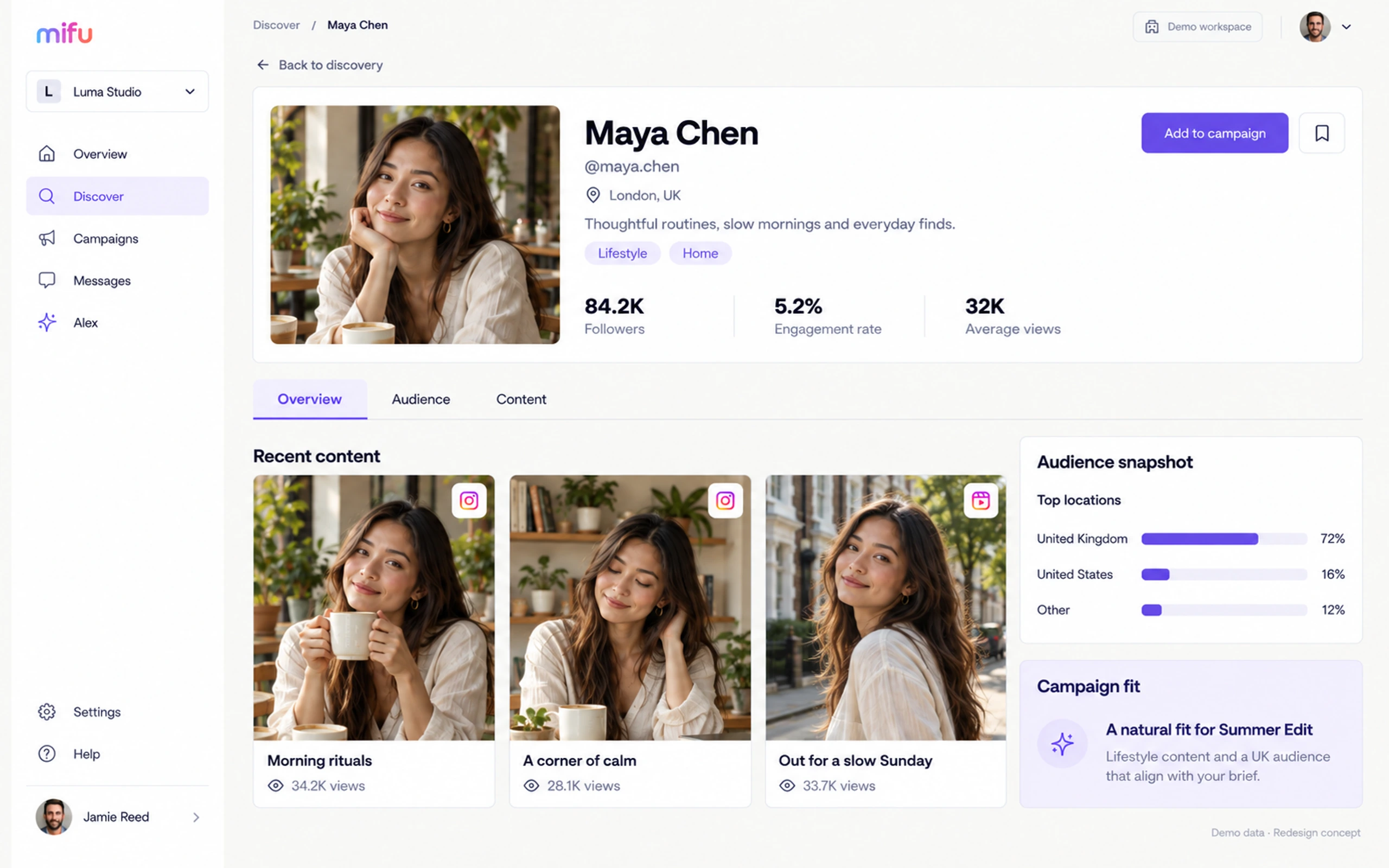 Maya Chen's creator profile: followers, engagement, recent content, and audience locations