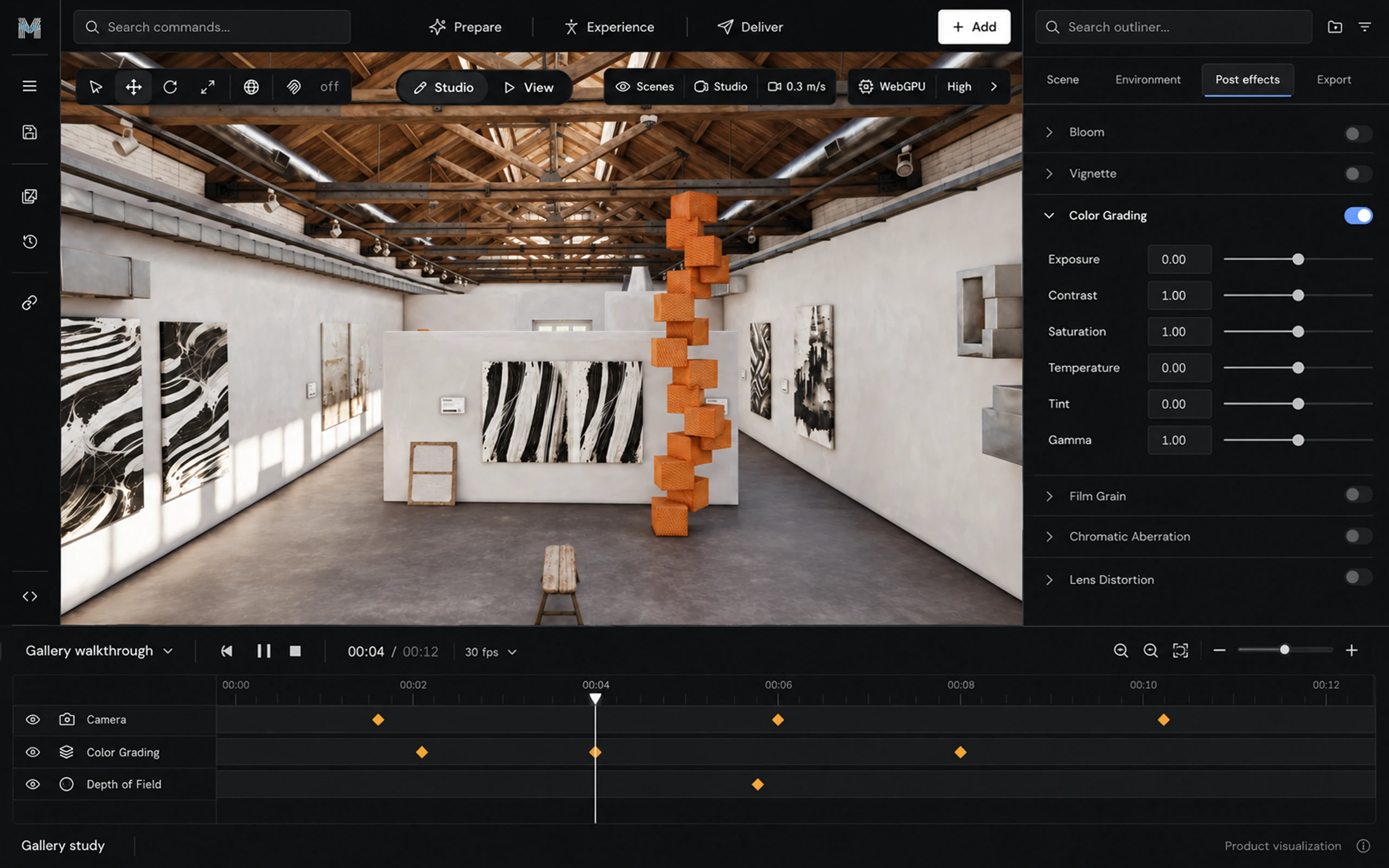 Cinematic timeline: post-effects panel with Color Grading open, and camera, grading, and depth-of-field keyframes under the viewport