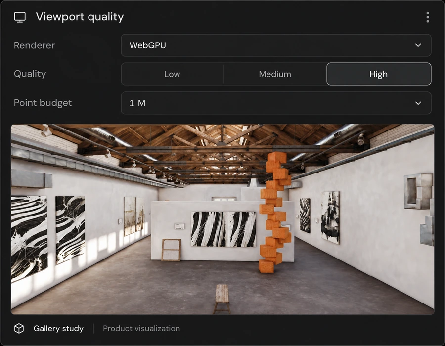 Viewport quality: WebGPU renderer, Low, Medium, and High quality, and a 1 M point budget