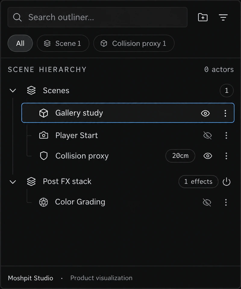Scene outliner: Gallery study selected under Scenes, with Player Start, Collision proxy at 20 cm, and a Post FX stack holding Color Grading