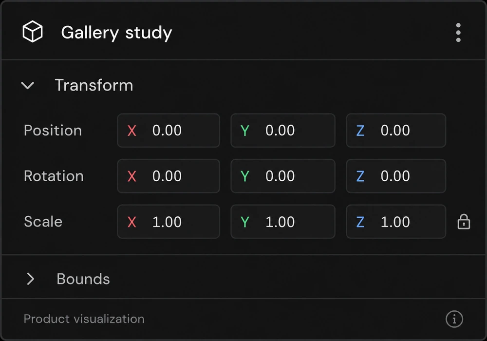 Transform inspector for Gallery study: position and rotation at zero, scale at one, on X, Y, and Z