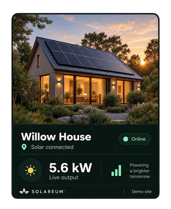 Site card: Willow House, solar connected, 5.6 kW live output