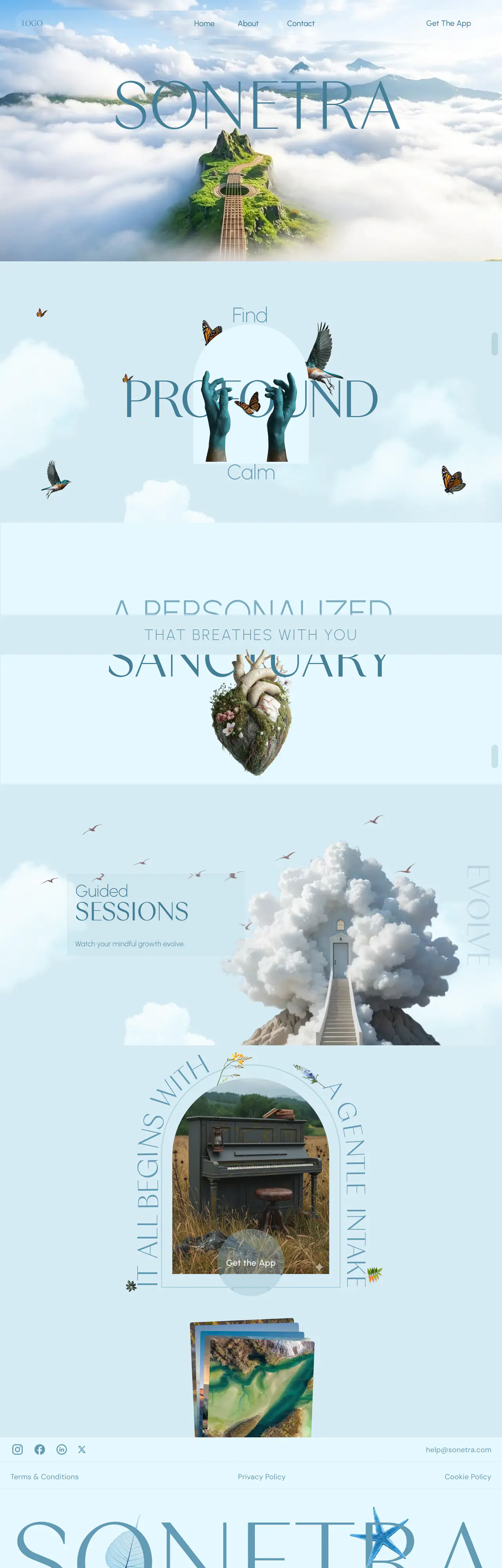 The full Sonetra marketing page, from the cloud hero to the footer wordmark