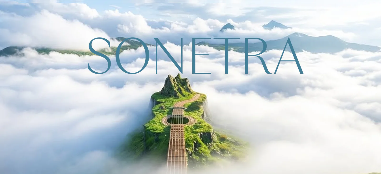 Sonetra website hero: the wordmark over clouds and a mountain shaped like a guitar